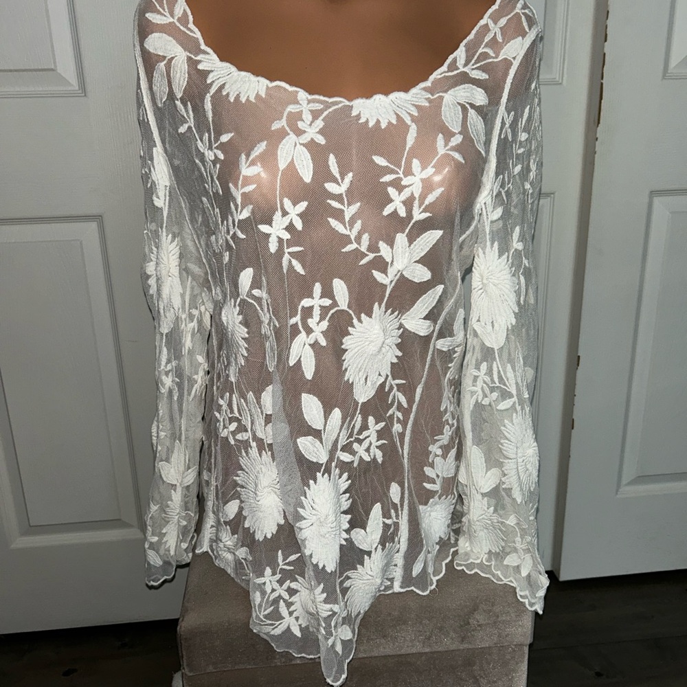 Floral Sheer White Poncho Top Cover Up
